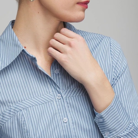 White House Black Market Long Sleeve Corset Poplin Button Down Shirt Blue Stripe - Picture 5 of 7